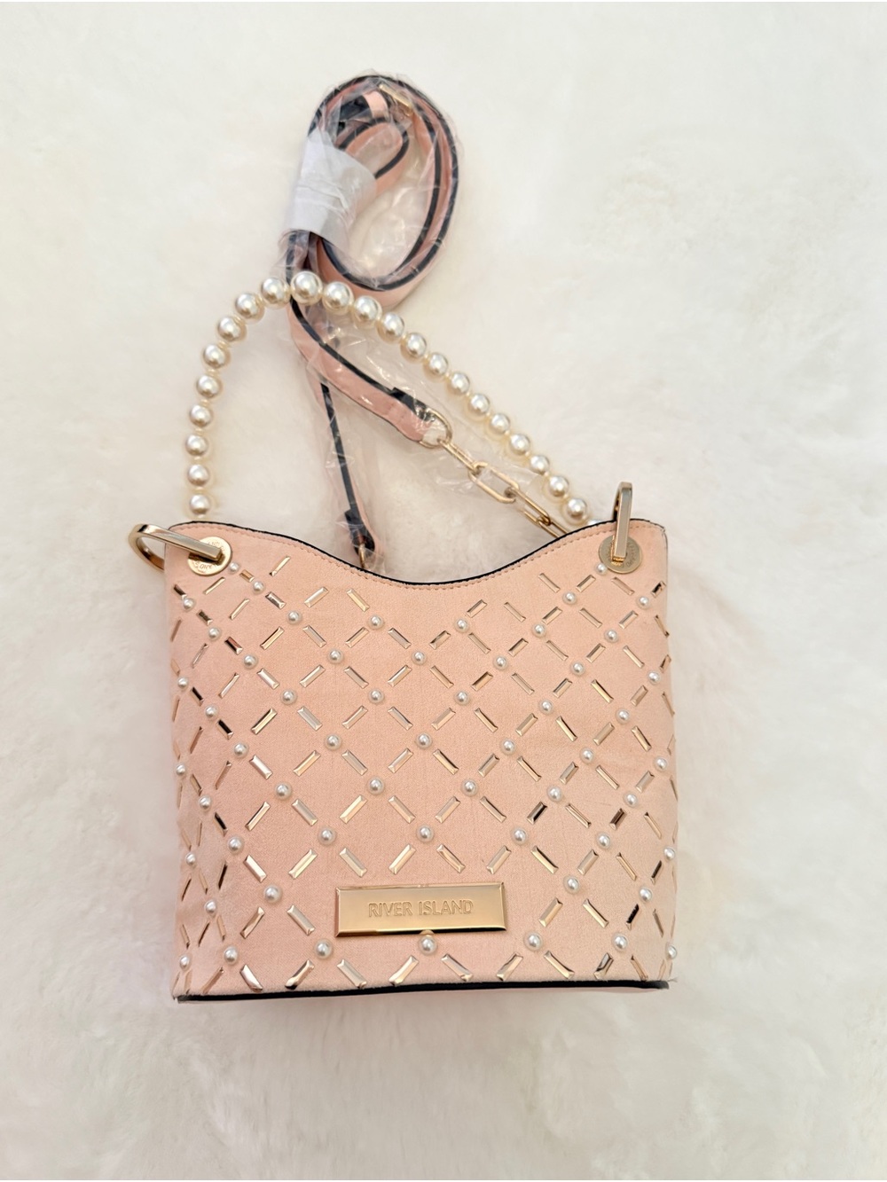 Small River Island Pink Pearl-Trim Crossbody Bucket Bag